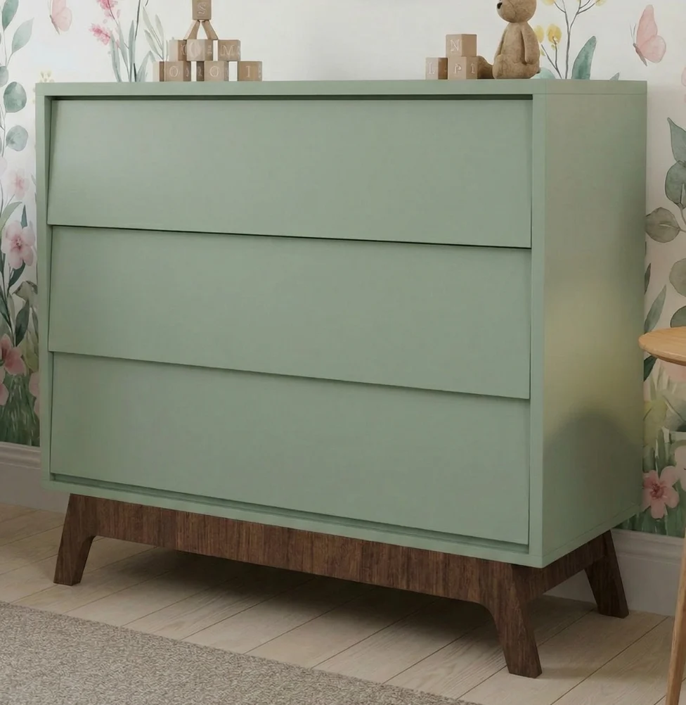 Cômoda de Bebê Raika 3 Gavetas Verde Jardim com Pé Mel - Image 4