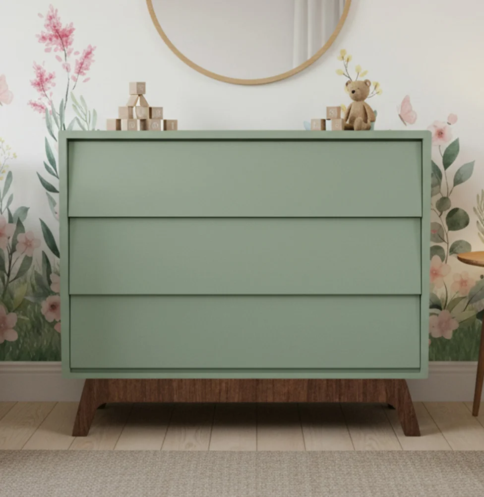 Cômoda de Bebê Raika 3 Gavetas Verde Jardim com Pé Mel - Image 2