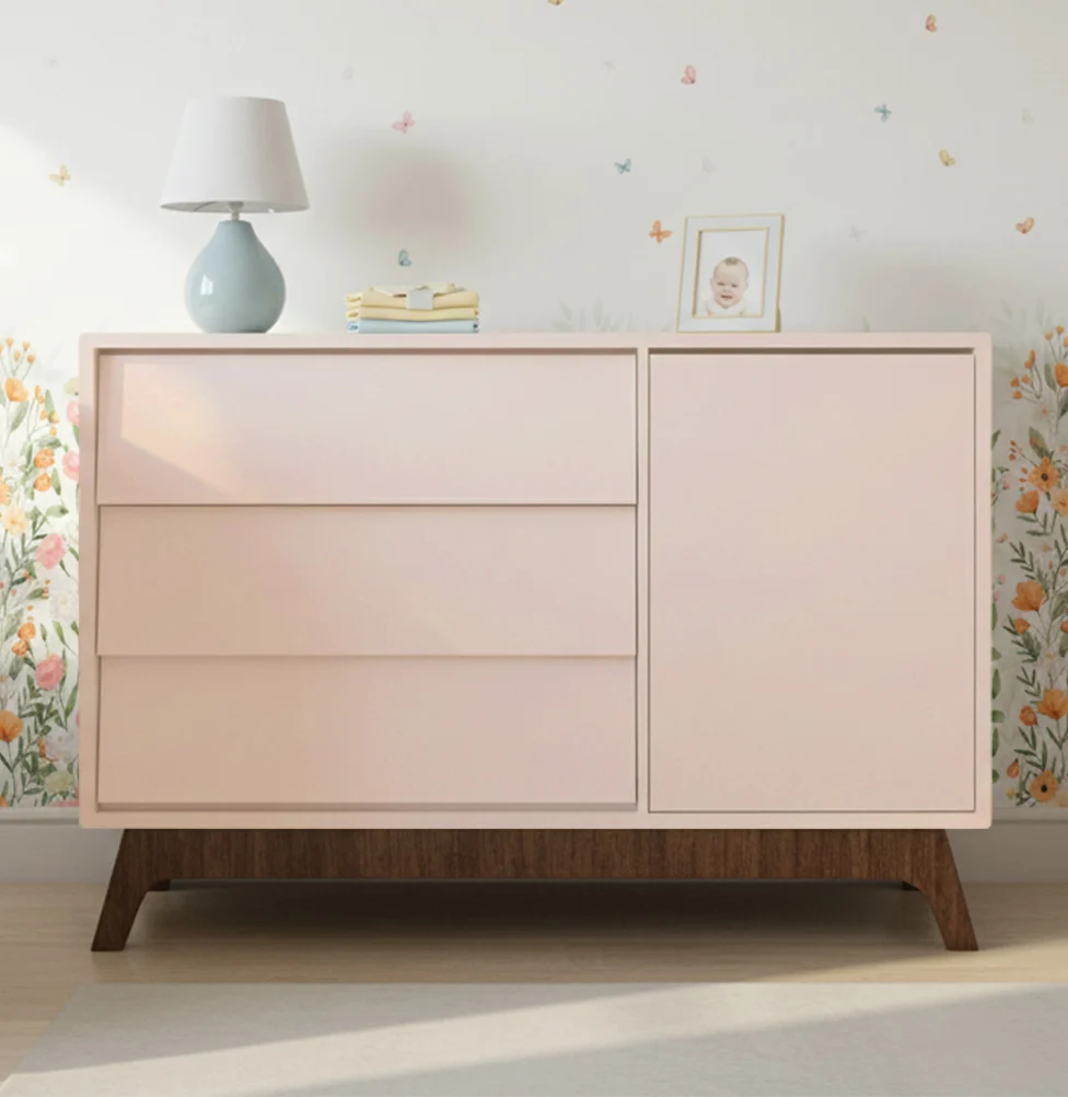 Cômoda de Bebê Raika com Porta Rosa Claro e Pé Mel - Image 2