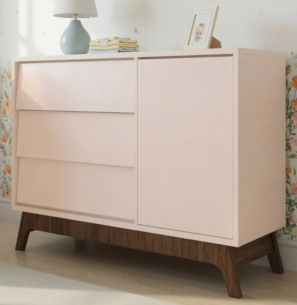 Cômoda de Bebê Raika com Porta Rosa Claro e Pé Mel - Image 4