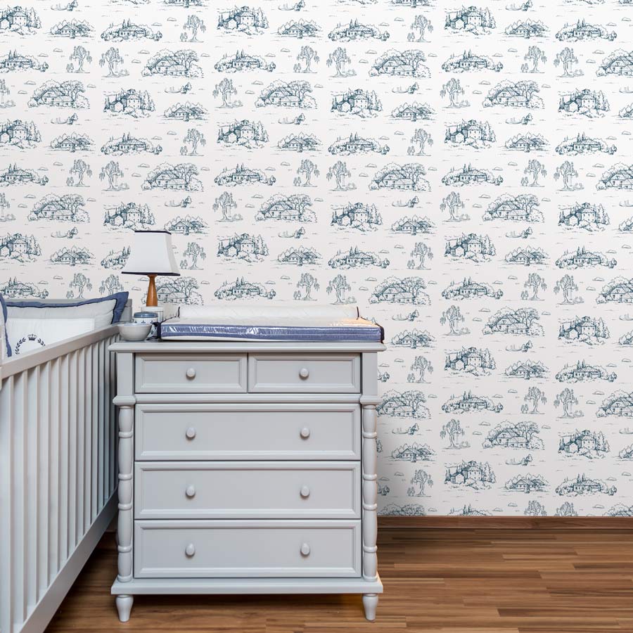 Papel de Parede Infantil Toile de Jouy Azul Polo - Image 3