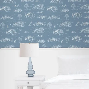 Papel de Parede Toile de Jouy Adulto Azul Clássico