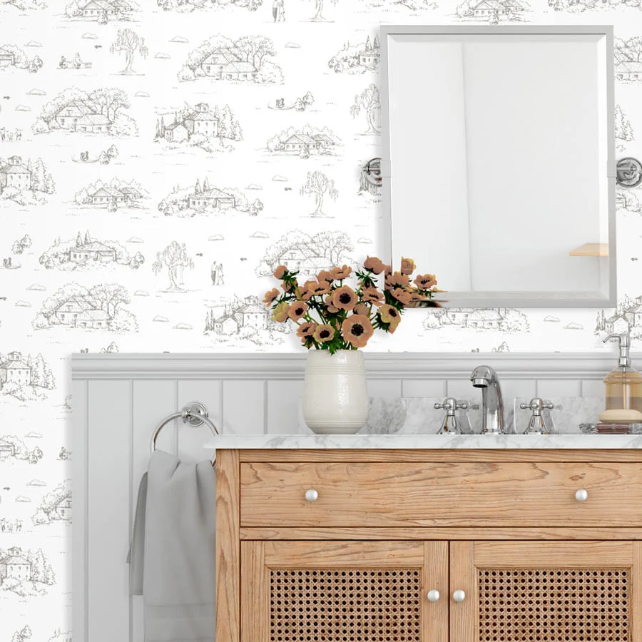 Papel de Parede Toile de Jouy Adulto Bege com Fundo Branco - Image 2
