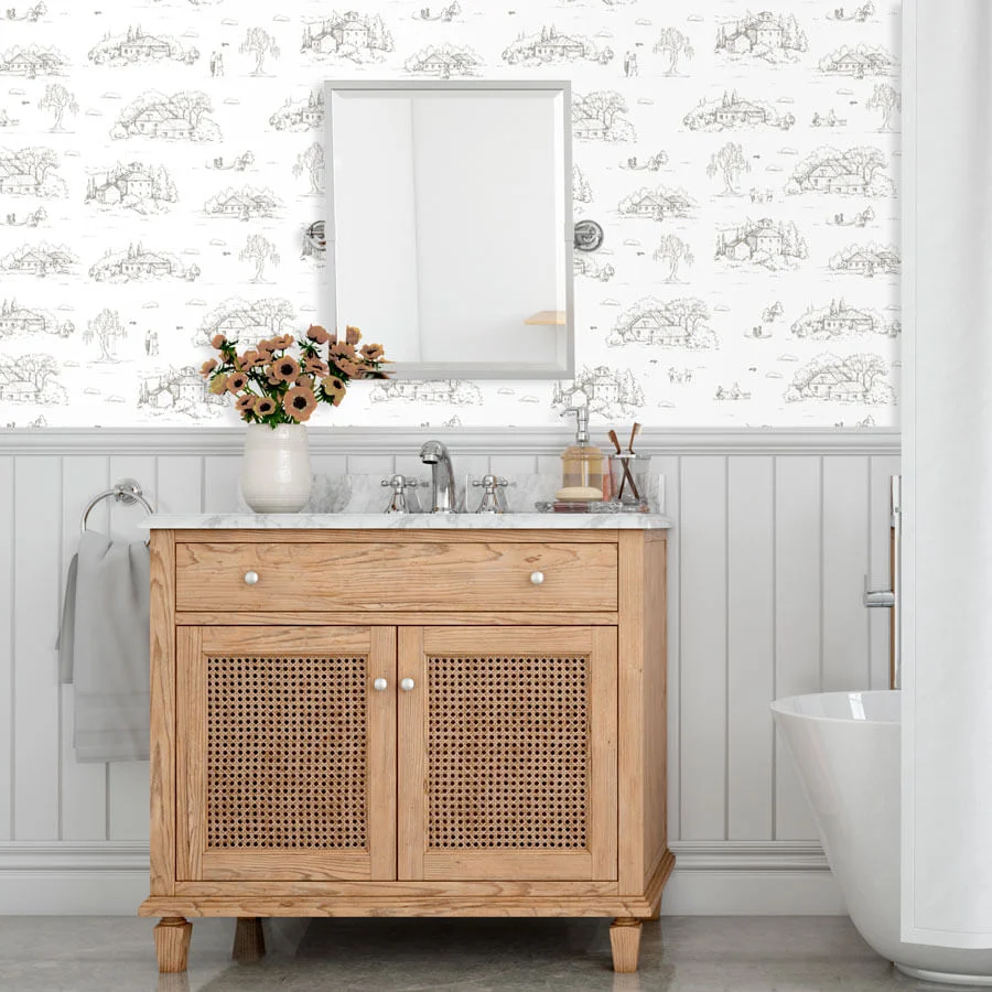 Papel de Parede Toile de Jouy Adulto Bege com Fundo Branco - Image 3