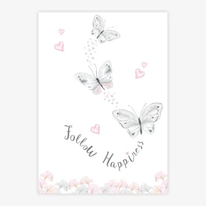 Quadro Infantil Aquarela Borboletas Follow Happiness Cinza
