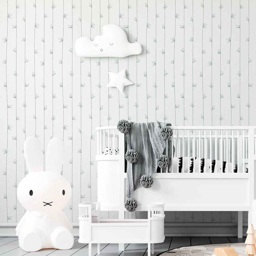 Papel de Parede Infantil Linhas e Folhas Cinza
