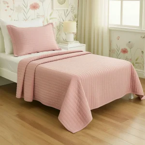 Kit Colcha Solteiro Listra Rosa Chá - 2 Peças