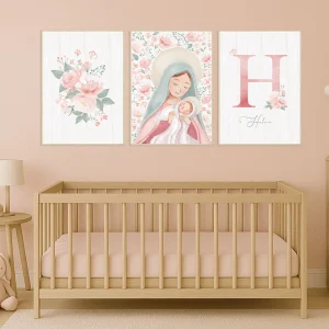 Conjunto com 3 Quadros Nossa Senhora com Buquet e Inicial Rose Personalizado Moldura Filete Pinus - Vertical