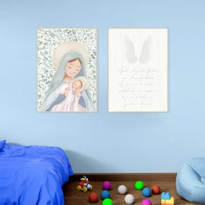 Conjunto com 2 Quadros Nossa Senhora e Oração Verde Moldura Filete Branca - Vertical