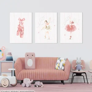 Conjunto com 3 Quadros Bailarina Rosa Moldura Filete Branca - Vertical