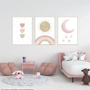 Conjunto com 3 Quadros Coração, Lua e Arco Íris Rosa Moldura Filete Pinus - Vertical