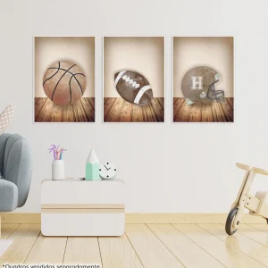 Conjunto com 3 Quadros Basquete, Futebol Americano e Capacete Aquarela Bege Moldura Filete Branca