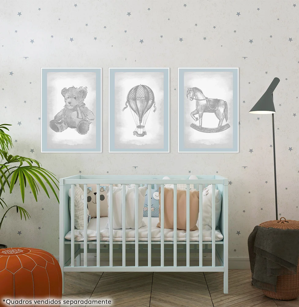 Conjunto com 3 Quadros Urso, Balão e Cavalinho Classic Azul Moldura Filete Branca - Image 2