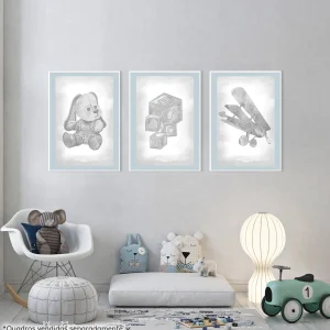 Conjunto com 3 Quadros Cachorro, Avião e Cubos Classic Azul Moldura Filete Branca