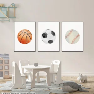 Conjunto com 3 Quadros Bolas Futebol, Tênis e Basquete Moldura Filete Preta