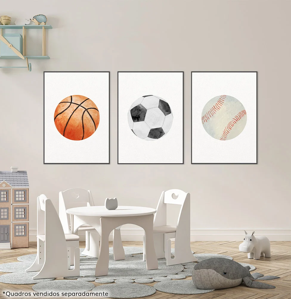 Conjunto com 3 Quadros Bolas Futebol, Tênis e Basquete Moldura Filete Preta