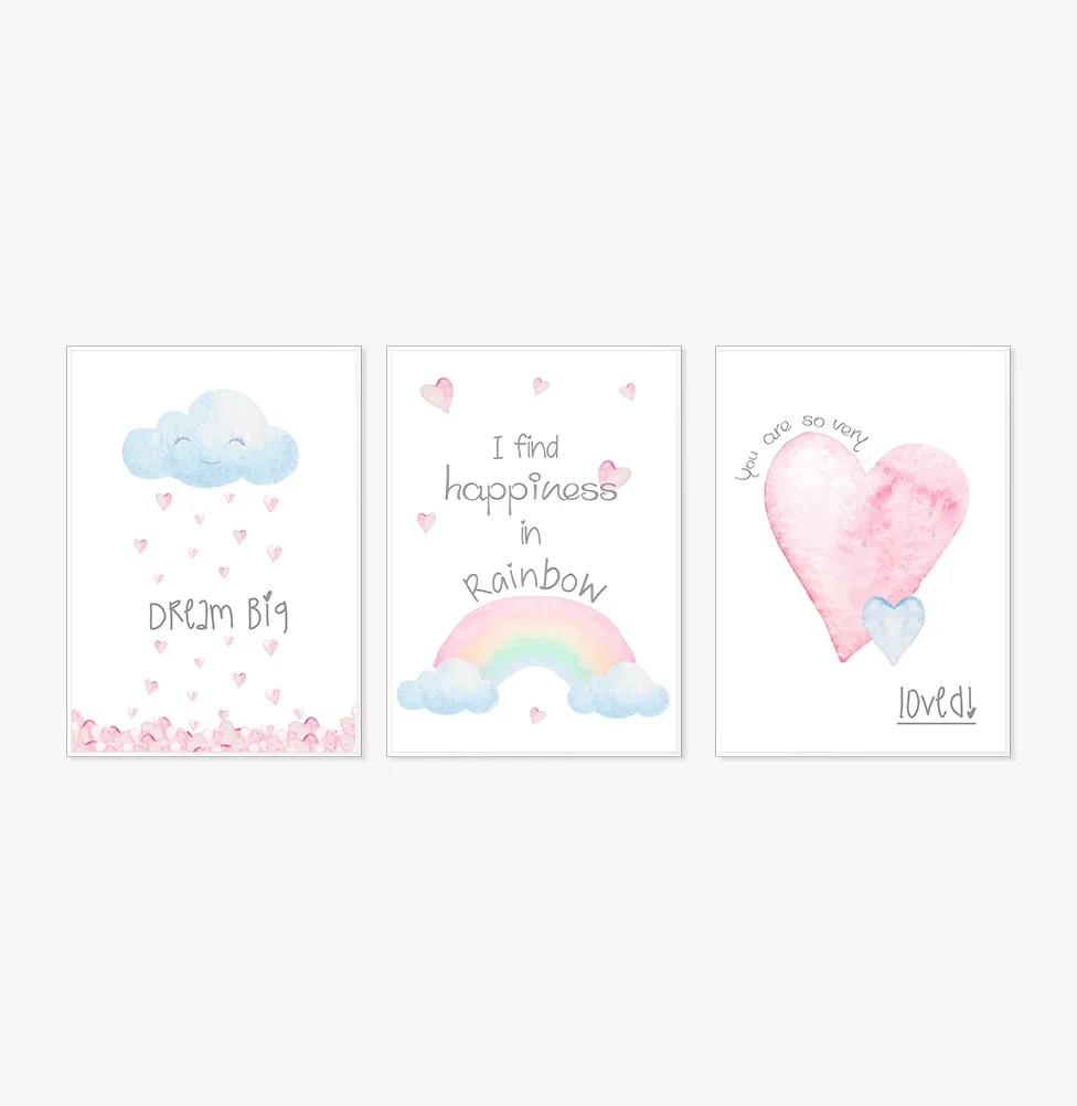 Conjunto com 3 Quadros Nuvem, Arco-Íris e Coração Moldura Filete Branca - Image 3