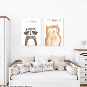 Conjunto com 2 Quadros Esquilo e Coruja Moldura Filete Pinus