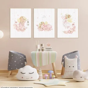 Conjunto com 3 Quadros Anjinhas com Nome Moldura Filete Pinus - Personalizada