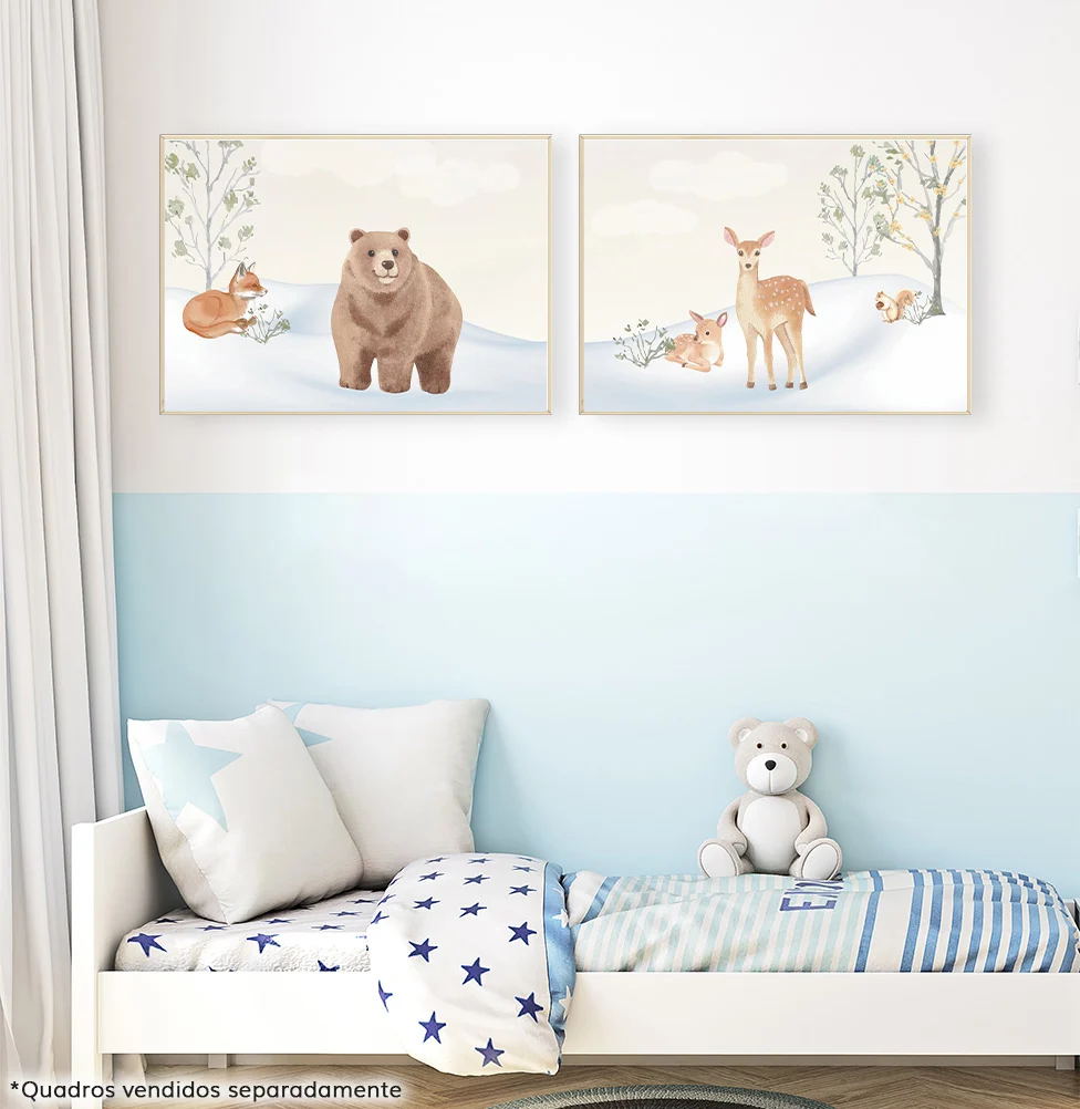 Conjunto com 2 Quadros Bichos na Neve Moldura Filete Pinus - Image 2