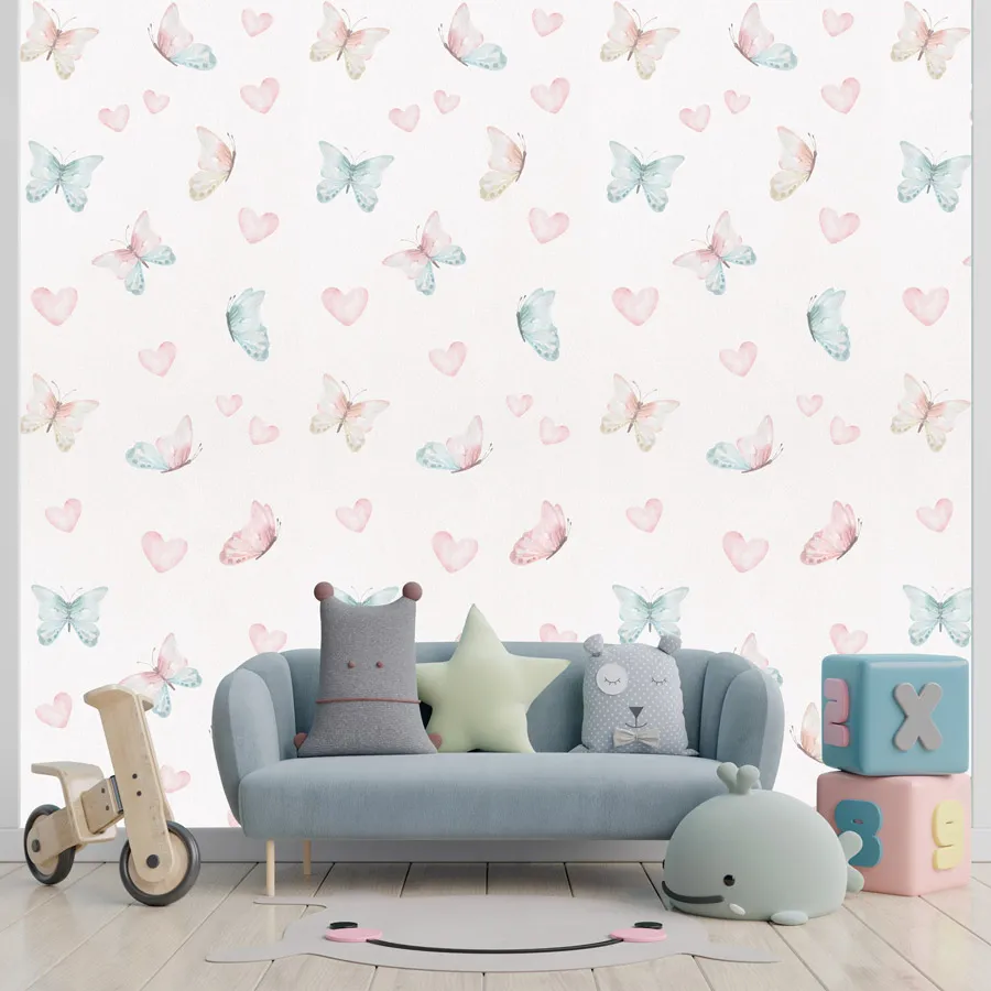 Papel de Parede Infantil Borboleta e Corações Aquarela - Image 3