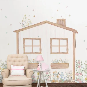 Papel de Parede Infantil Casinha Flores do Campo Verde - Mural