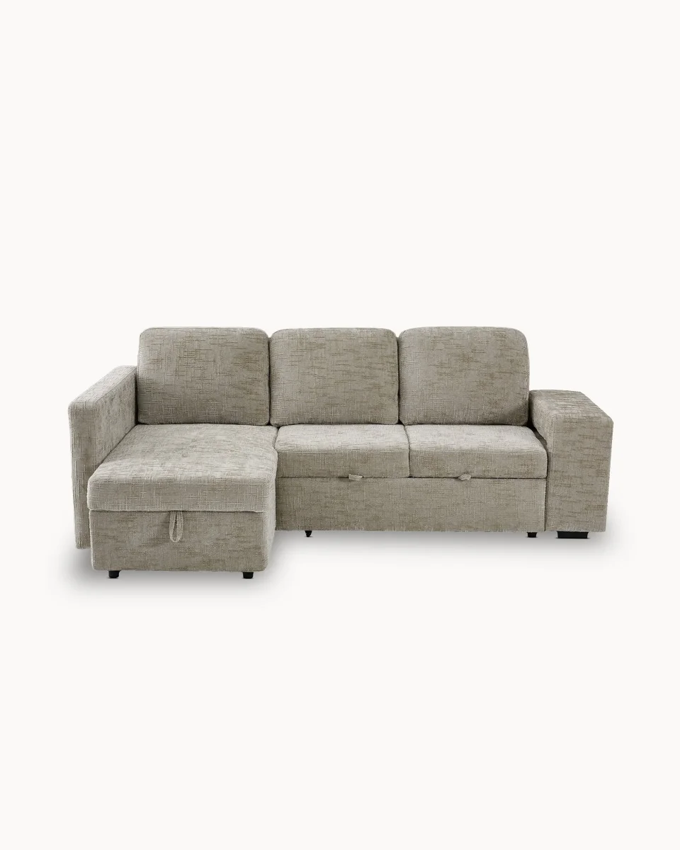Sofá chaise longue STACY II com cama, baú e puffs