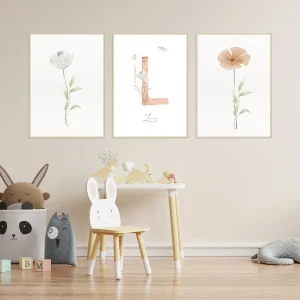 Conjunto com 3 quadros flores do outono com nome coral moldura filete pinus - personalizado