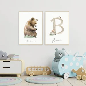 Conjunto com 2 Quadros Esquilo e Urso Verde Inicial Personalizada Moldura Filete Pinus