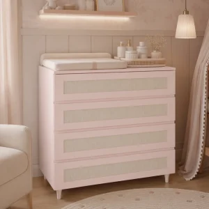 Cômoda Haus Nature com Palha e 4 Gavetas (90cm) - Rosa Claro