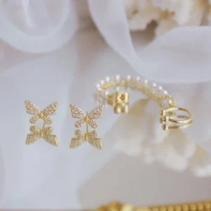 Brincos de Pressão Feminino Borboleta Corrente de Pérolas Piercing Fake