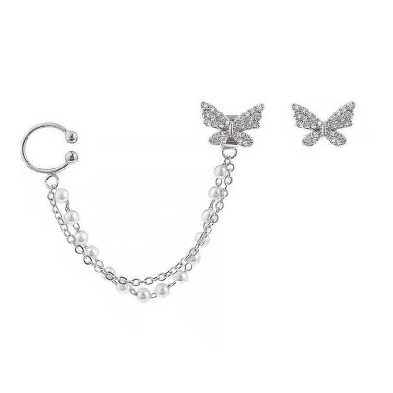 Brincos de Pressão Feminino Borboleta Corrente de Pérolas Piercing Fake - Image 8