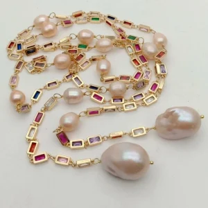 Colar Gravata Folheado a Ouro 18k com Revieras e Pérolas