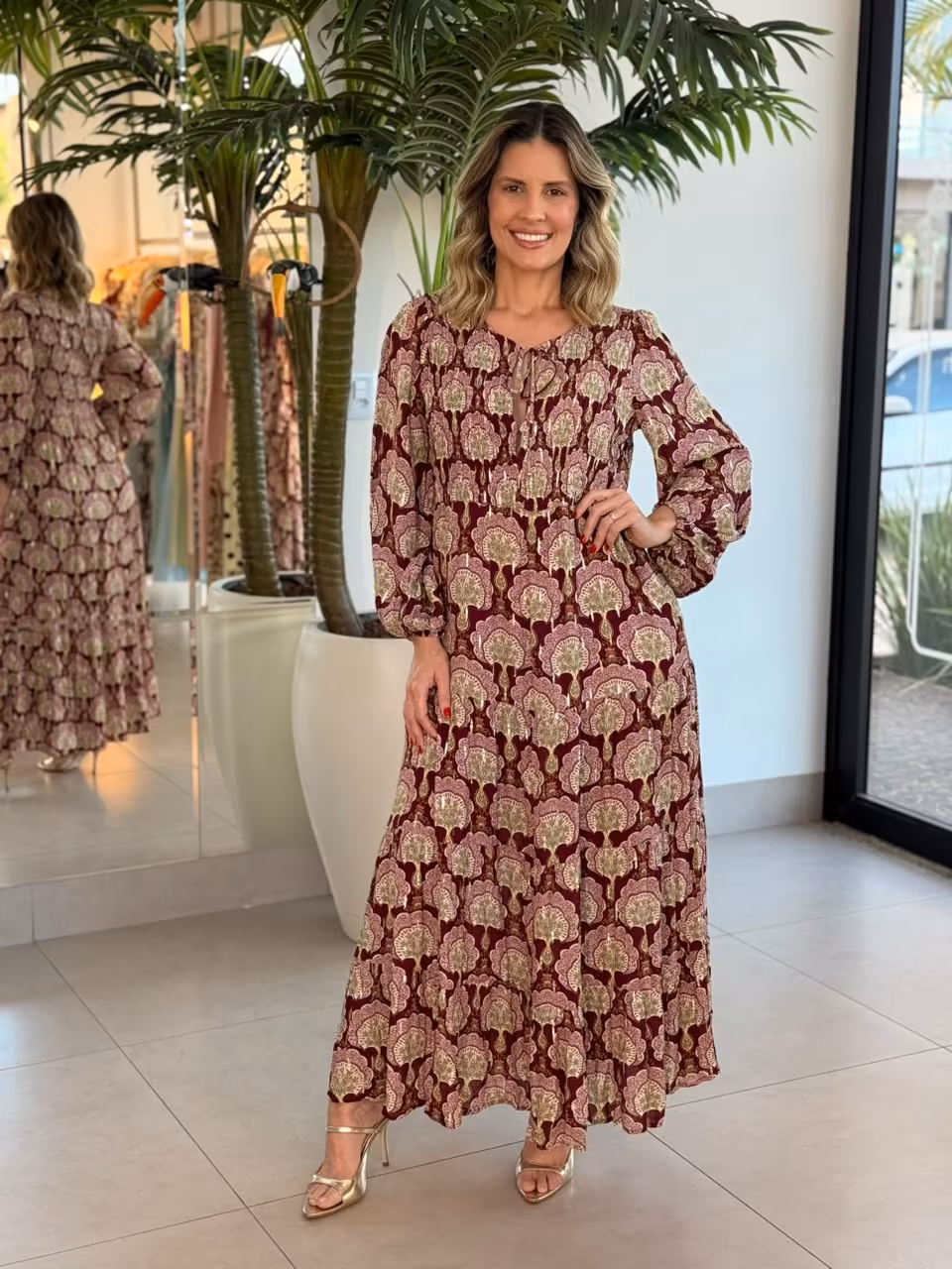 Vestido Longo Manga Estampado Leque De Pavão