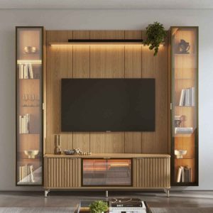 Estante para TV até 75 Polegadas com 2 Cristaleiras Vidro Reflecta 100% MDF com Led Neon Float 254cm