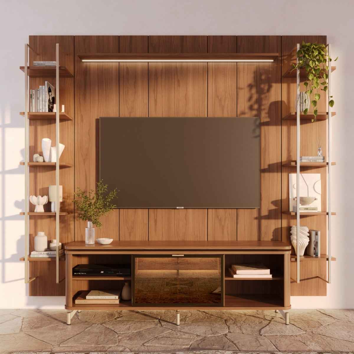 Estante para TV até 75 Polegadas Vidro Reflecta com Prateleiras 100% MDF com Led Lincoln Float 254cm - Image 6