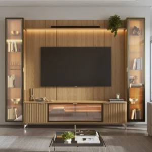 Estante para TV até 85 Polegadas com 2 Cristaleiras Vidro Reflecta 100% MDF com Led Neon Float 291cm