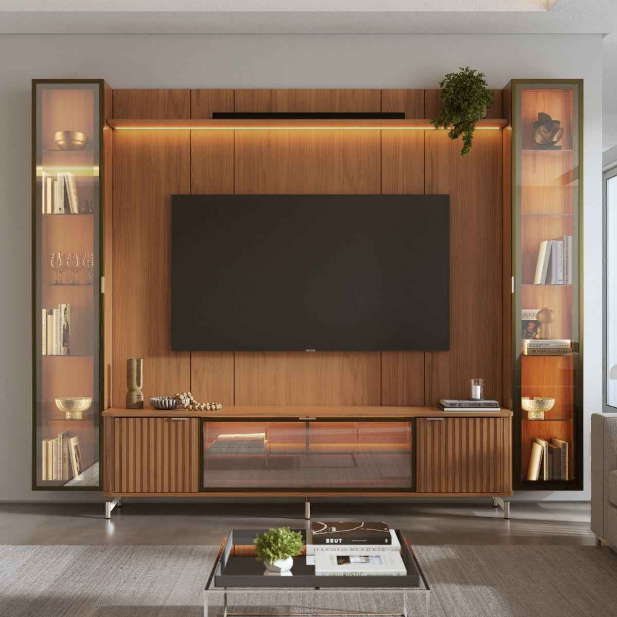 Estante para TV até 85 Polegadas com 2 Cristaleiras Vidro Reflecta 100% MDF com Led Neon Float 291cm - Image 3