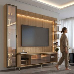 Estante para TV até 85 Polegadas com Prateleiras e Cristaleira Vidro Reflecta 100% MDF com Led Lincoln Float 291cm
