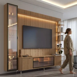 Estante para TV até 85 Polegadas com Prateleiras e Cristaleira Vidro Reflecta 100% MDF com Led Neon Float 291cm