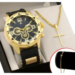 Kit Relógio Masculino + Pulseira + Colar Cruz - Estilo e Elegância