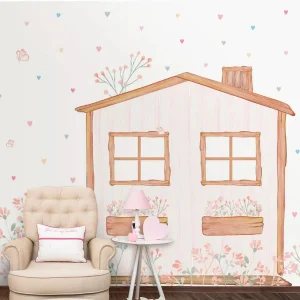 Papel de Parede Infantil Casinha com Corações Aquarela Color - Mural