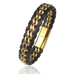 Pulseira De Couro e Aço Inoxidável