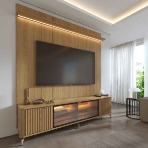 Rack com Painel para TV até 75 Polegadas Vidro Reflecta 100% MDF com Led Neon Float 215cm
